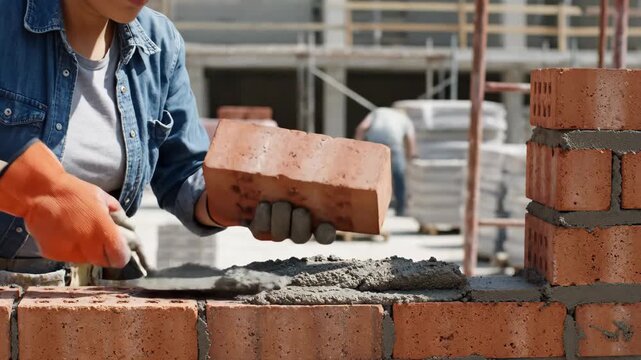 Close up of industrial bricklayer installing bricks on construction site video