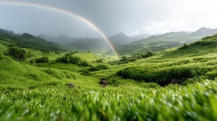 Fototapeta premium This breathtaking landscape features rolling green hills with a vibrant rainbow arching over them, capturing the beauty of nature and the exhilaration of outdoor adventures.