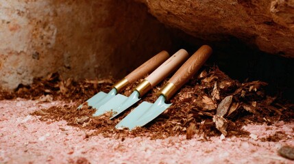 Three elegant garden tools laid down in wooden shavings beneath a rocky surface, ready for gardening tasks that connect us to nature and our innate desire to cultivate growth.