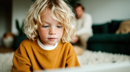 Fototapeta premium A young child with curly hair and freckles concentrates on a screen, embodying curiosity and the joys of learning in a comfortable home environment filled with warmth.