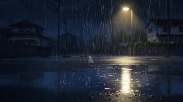 Rainy night scene in japanese anime style with streetlamp reflection