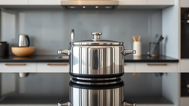 A shiny electric cooker on a modern kitchen countertop with a reflective surface.
