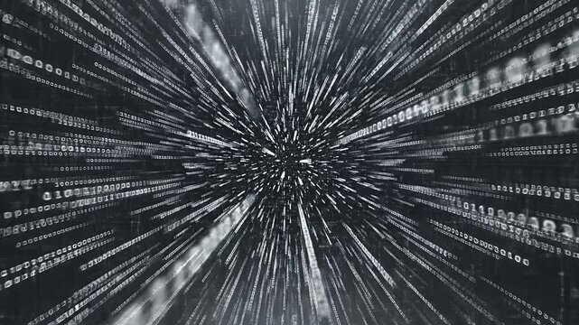 Abstract digital tunnel effect with binary code streaming inwards, grey tones