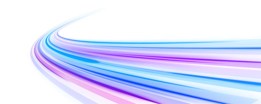 Purple and cyan neon arcs twist across transparent background. Light trails convey speed, motion, and futuristic energy flow. Ideal PNG for digital sci-fi visuals.