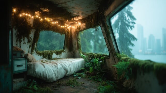 An enchanting room overtaken by greenery and moss, featuring a cozy bed amidst lush surroundings, capturing a unique blend of nature and urban decay, creating a dreamlike atmosphere.
