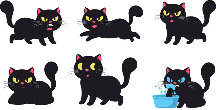 Set of grumpy and angry black cat character stickers showing various expressions including hissing running staring and drinking water for cute animal designs