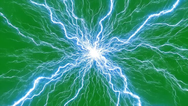 Bright white electrical arcs spread across a vibrant green background