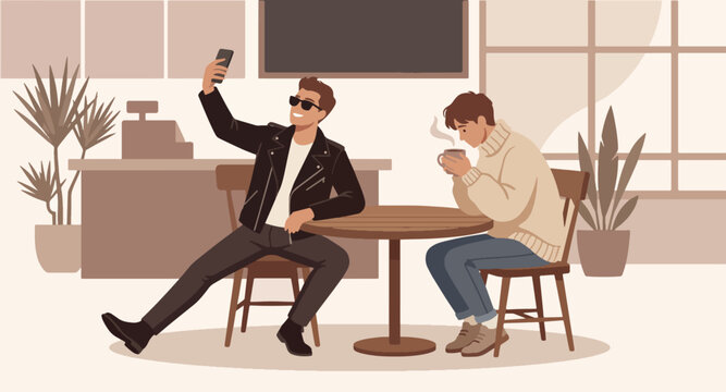 Modern flat illustration of young men in coffee shop, trendy male friends at cafe, vector EPS