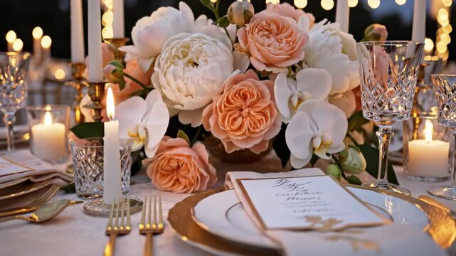 Elegant table setting with white and peach flowers, creating a romantic ambiance perfect for weddings or special events. video