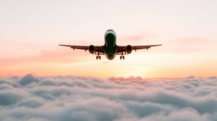 Obraz premium A vibrant airplane soars through a captivating sunset sky, encapsulating the spirit of adventure and the incredible beauty of travel above the fluffy clouds below.