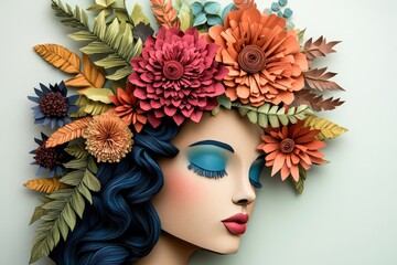 Papercraft portrait features a woman adorned with an elaborate floral headdress in warm autumn tones