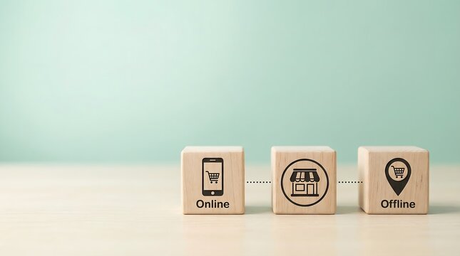 Online and offline shopping concept with wooden blocks