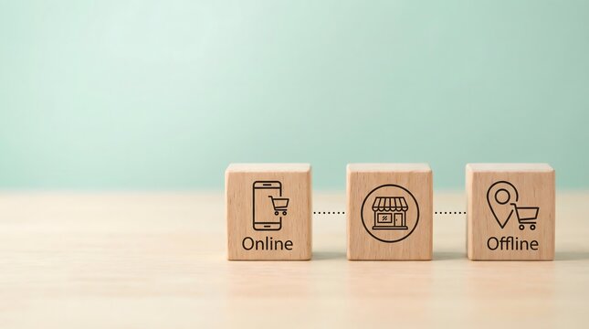 online to offline shopping concept with wooden blocks