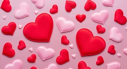 Romantic background with red and pink 3D puffy hearts on pink surface