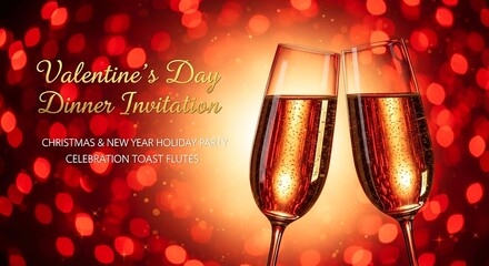  Valentine's Day dinner invitation with two champagne flutes and bokeh background