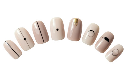 Obraz premium Eight oval-shaped acrylic nails display minimalist beige and nude polish with delicate black lines, dots, and a single gold foil accent. isolated PNG with Transparent Background