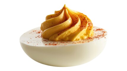 Deviled egg with paprika on white background