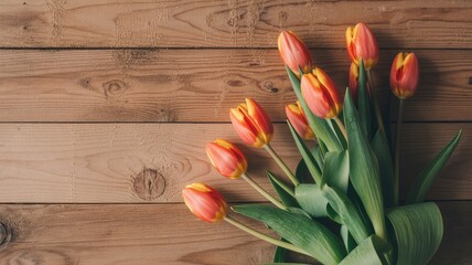 Vibrant orange tulips on rustic wooden background