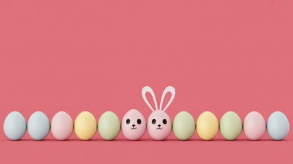 Pastel Easter eggs with cute bunny face on pink background