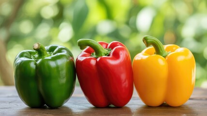 Vibrant green, red, and yellow bell peppers on rustic wooden table