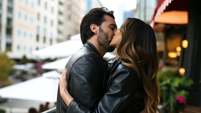Pregnant couple in leather jackets with belly kiss, faceless edgy maternity fashion, modern pregnancy announcement style, alternative prenatal lifestyle, contemporary expecting