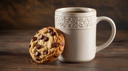 Delicious chocolate chip cookie next to ceramic coffee mug on wooden table