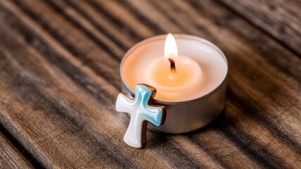 Serene candlelight with ceramic cross on wooden background