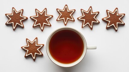 Cozy tea with star-shaped gingerbread cookies on white background