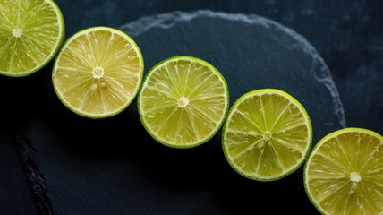 Fresh lime slices arranged on dark slate background