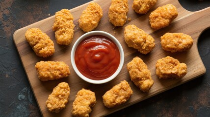 Crispy fried chicken nuggets with dipping sauce on wooden board