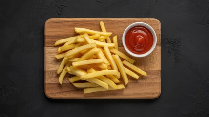 Crispy french fries with ketchup on wooden board