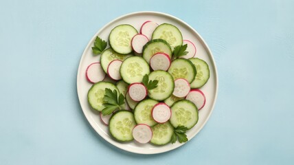 Fresh cucumber and radish salad on white plate