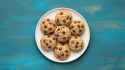 Delicious chocolate chip cookies on white plate against blue background