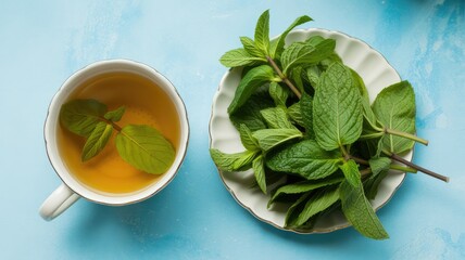 Fresh mint leaves in tea on blue background