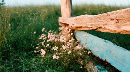Delicate wildflowers bloom beside a rustic wooden fence in a scenic field, showcasing the beauty of nature and the tranquility of an idyllic outdoor environment.