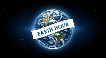 Fototapeta premium The planet Earth, adorned with a white ribbon proclaiming 