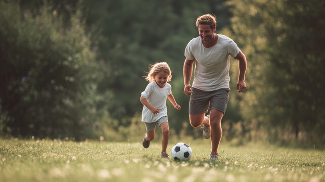 A joyful father and young daughter running together on a sunny grass field while playing soccer, capturing a heartwarming moment of family bonding and an active lifestyle.