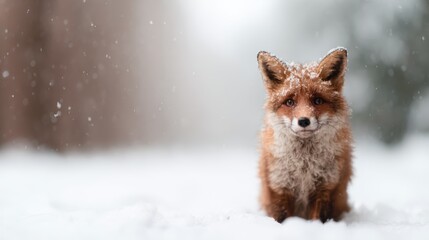 Naklejka premium A beautiful red fox standing gracefully in a snowy landscape, surrounded by gentle flakes of snow, perfectly capturing the tranquility of winter wildlife.