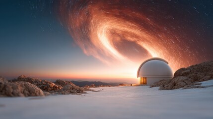 Obraz premium A stunning observatory surrounded by a swirling cosmic vortex showcases the beauty of the universe, juxtaposed against a breathtaking sunset landscape.