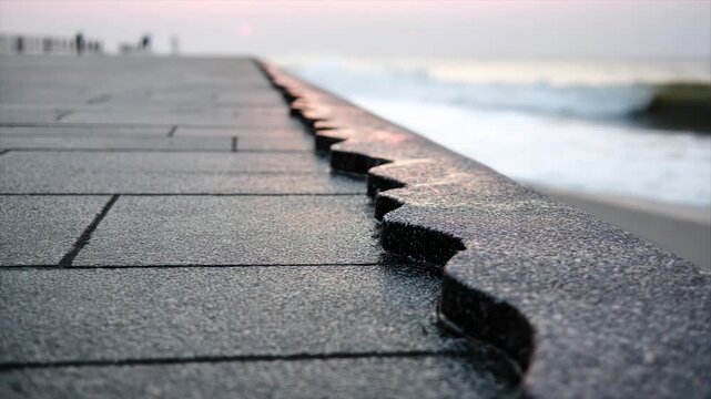 A stone pathway with textured edge overlooking blurred ocean waves at dawn. People silhouetted far off