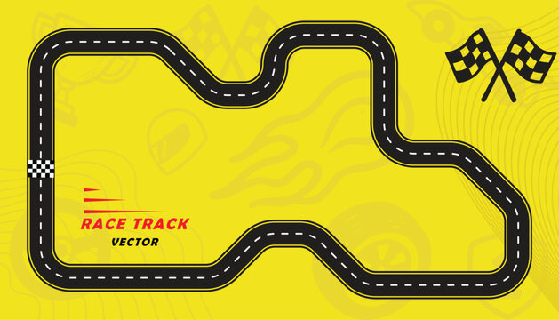 Creative vector illusion of race track isolated on yellow background. Speed race track design with creative icons.