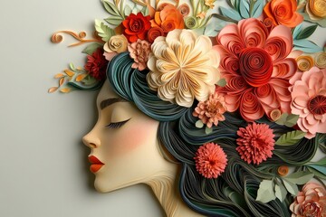 Naklejka premium Profile portrait of a woman adorned with intricate paper craft floral arrangements