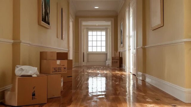 Sunlit hallway with moving boxes: timelapse of light and shadow play in a cozy interior space