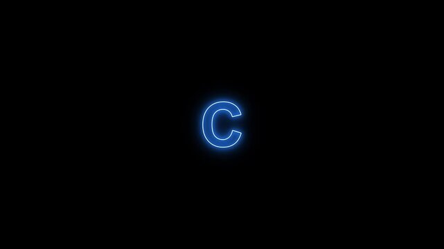 Glowing neon light C text animation on black background. Abstract neon blue color text . English alphabet education type word writing letter neon line skip left icon animation.