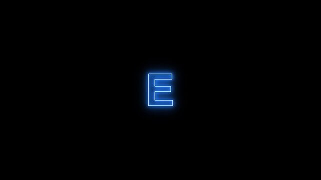 Glowing neon light E text animation on black background. Abstract neon blue color text . English alphabet education type word writing letter neon line skip left icon animation.