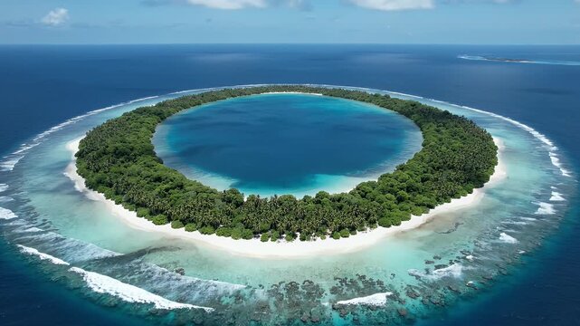 Aerial view of a ring-shaped island with a calm blue lagoon and lush green vegetation