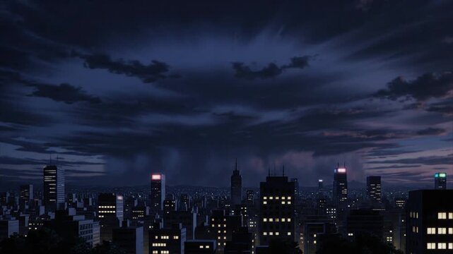 Japanese anime style cityscape under a dramatic cloudy sky at dusk