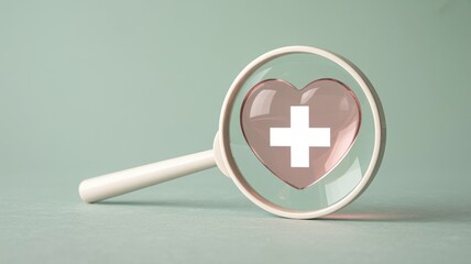 Obraz premium Magnifying glass examines heart with medical cross symbol closely