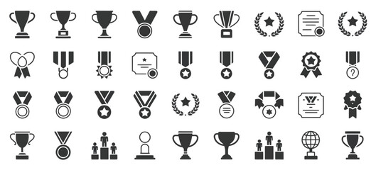 Winning Vector Icons, Including Trophies, Medals, Stars, and Achievement Symbols for Competitions, Awards, Sports, and Recognition Graphics. © MSTRINA