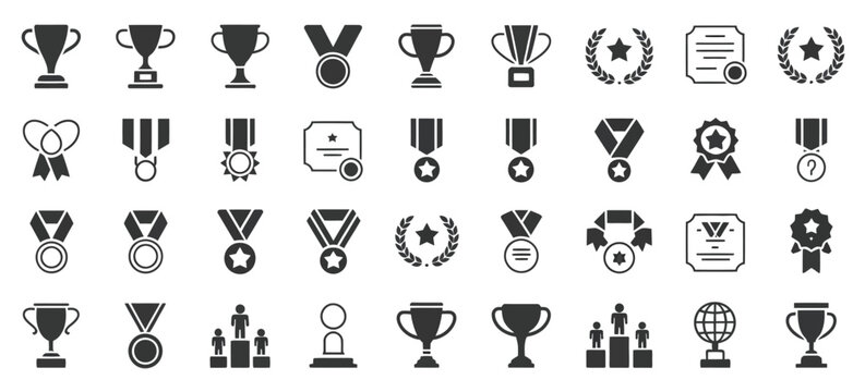 Winning Vector Icons, Including Trophies, Medals, Stars, and Achievement Symbols for Competitions, Awards, Sports, and Recognition Graphics.